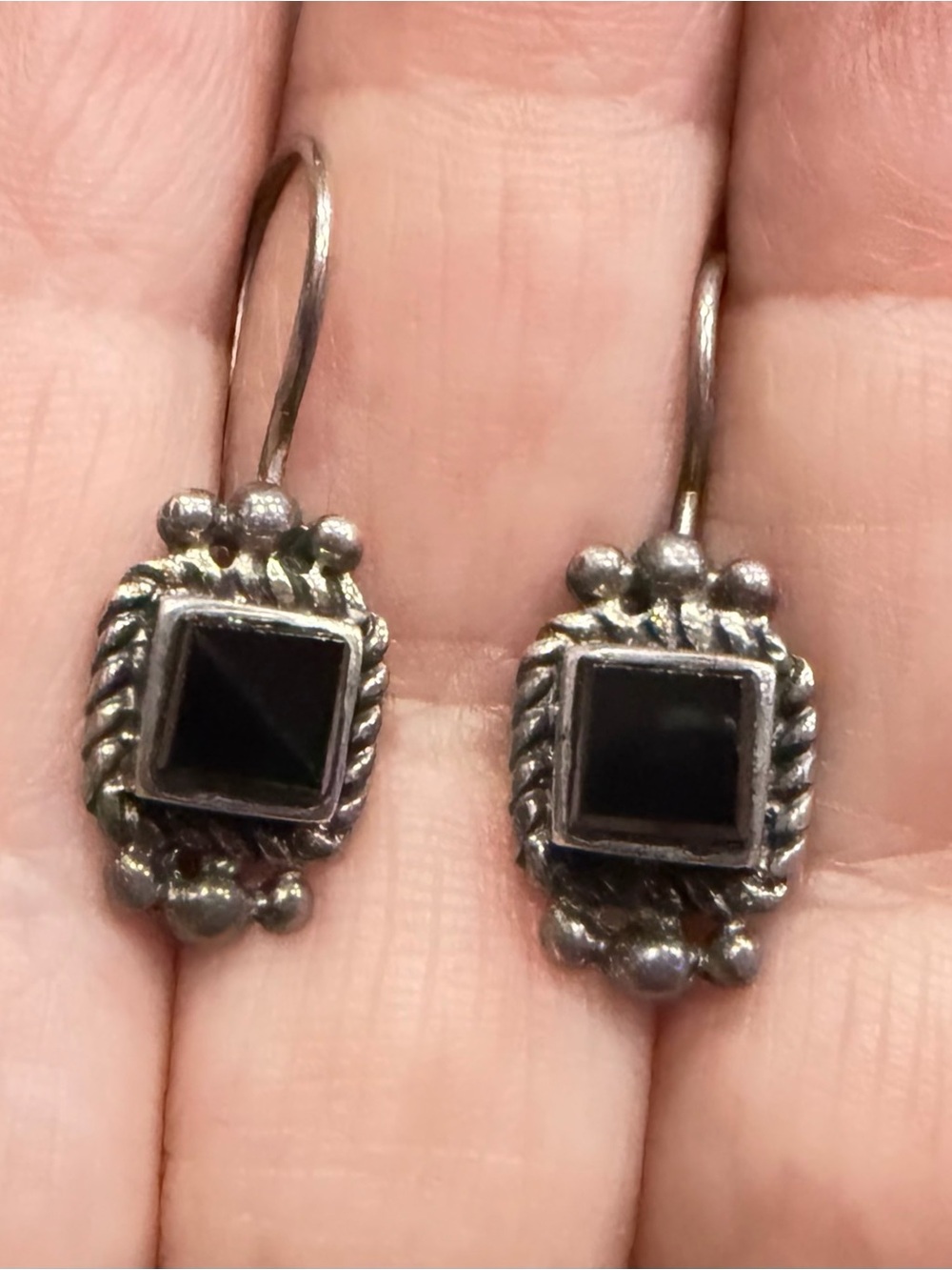 Vintage SE 925 Square Black Onyx Earrings Southwestern Sterling Silver Hook